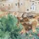 Watercolor landscape with vintage mills