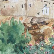 Watercolor landscape with vintage mills