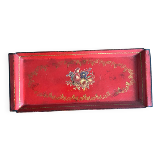 Antique metal tray with painted flowers