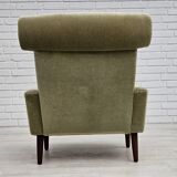 1970s, Danish armchair, original condition, furniture velour, woven wool fabric, teakwood.