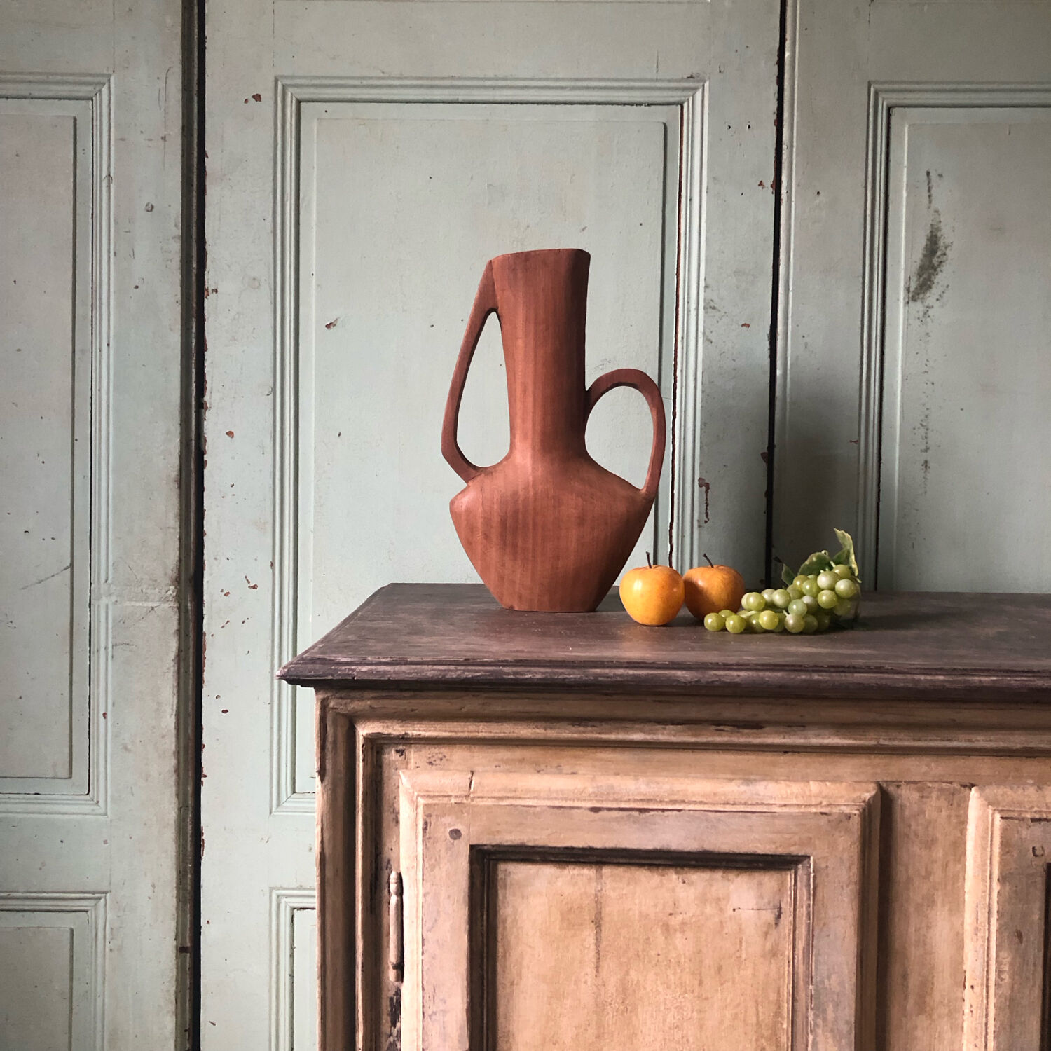 Vase in carved teak wood, 60s