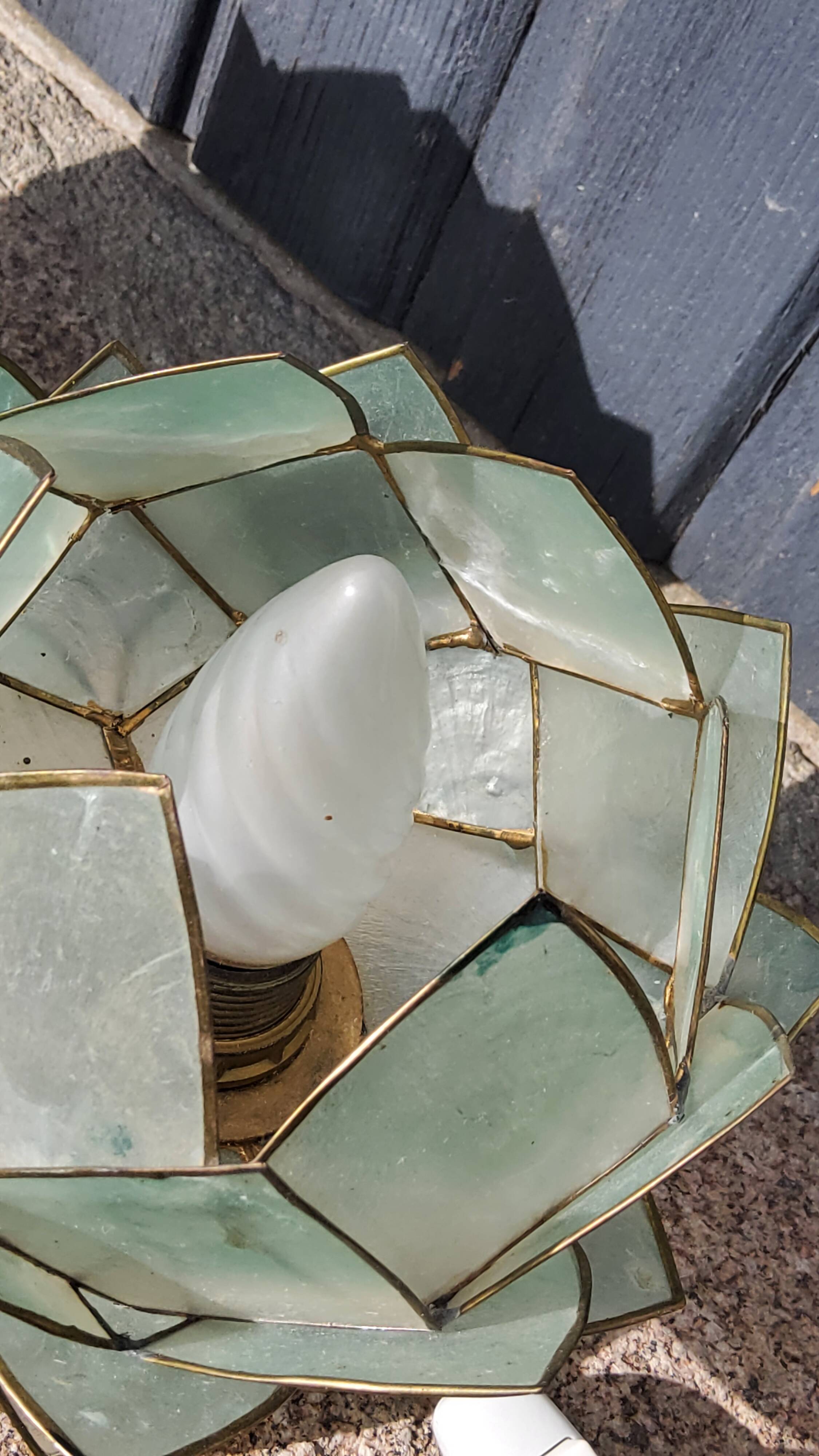 Pair of designer table lamps in turquoise blue green capiz mother-of-pearl from the 70s