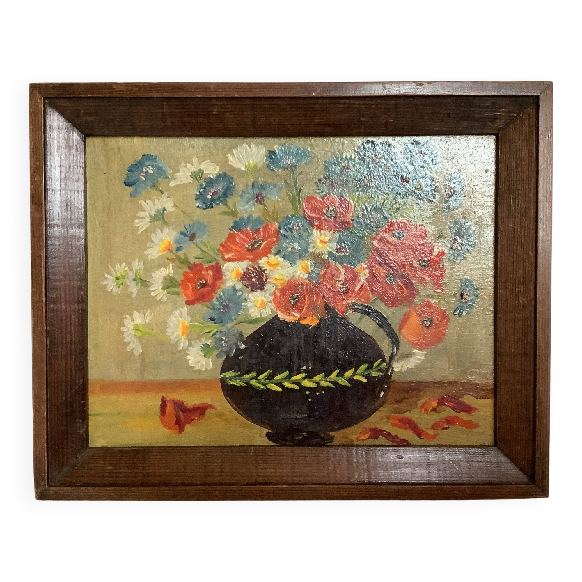 Bouquet of flowers oil on panel painting