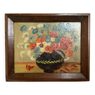 Bouquet of flowers oil on panel painting