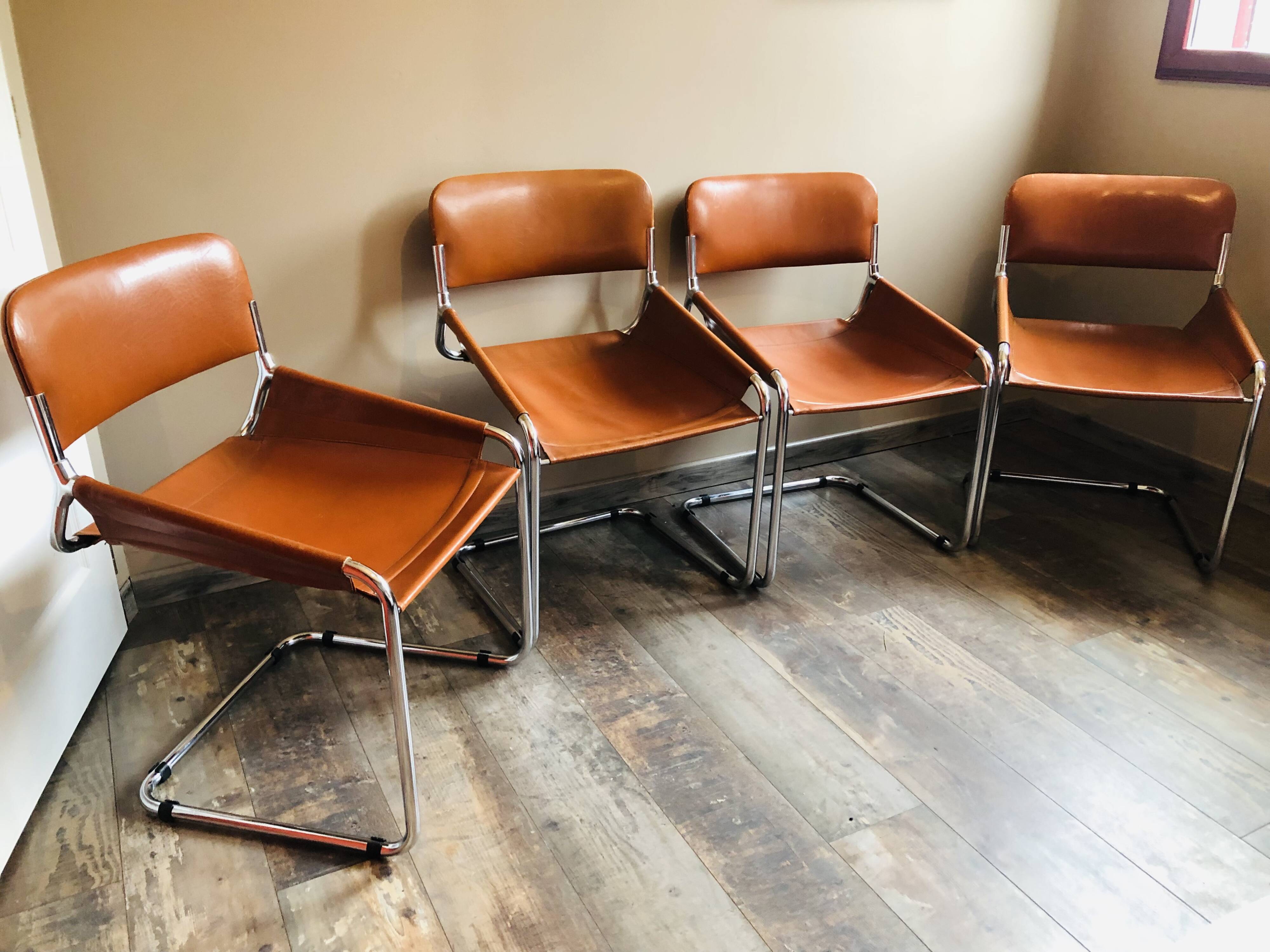 4 vintage 70s Italian chairs in cognac leather and stainless steel