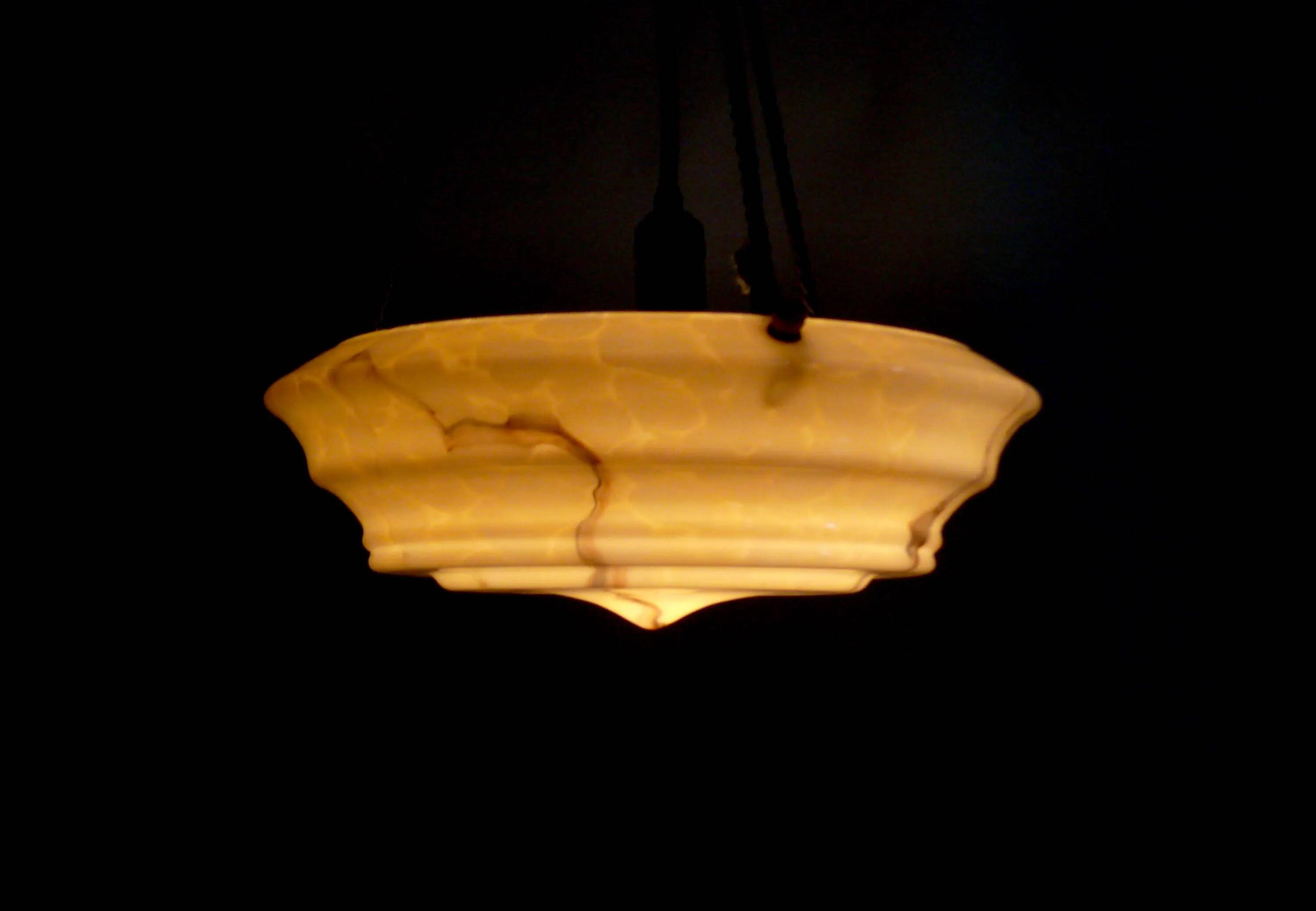 Large Art Deco Glass Pendant Light, Marbled with Rope Suspension, 1920s - 1930s