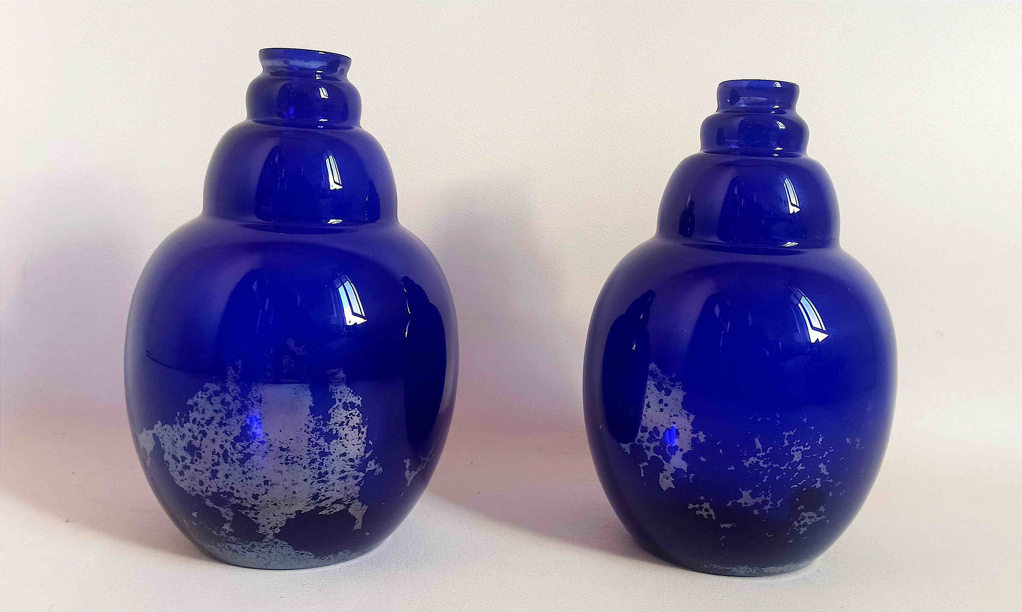 Pair of colbat blue art deco vase with silver leaf inclusions height 24 cm