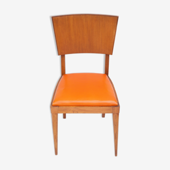 Chaise vintage en bois ancienne assise simili cuir orange