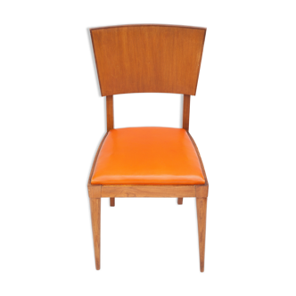 Chaise vintage en bois ancienne assise simili cuir orange