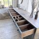 Patinated blue workshop furniture with XL drawers in oak and beech.
