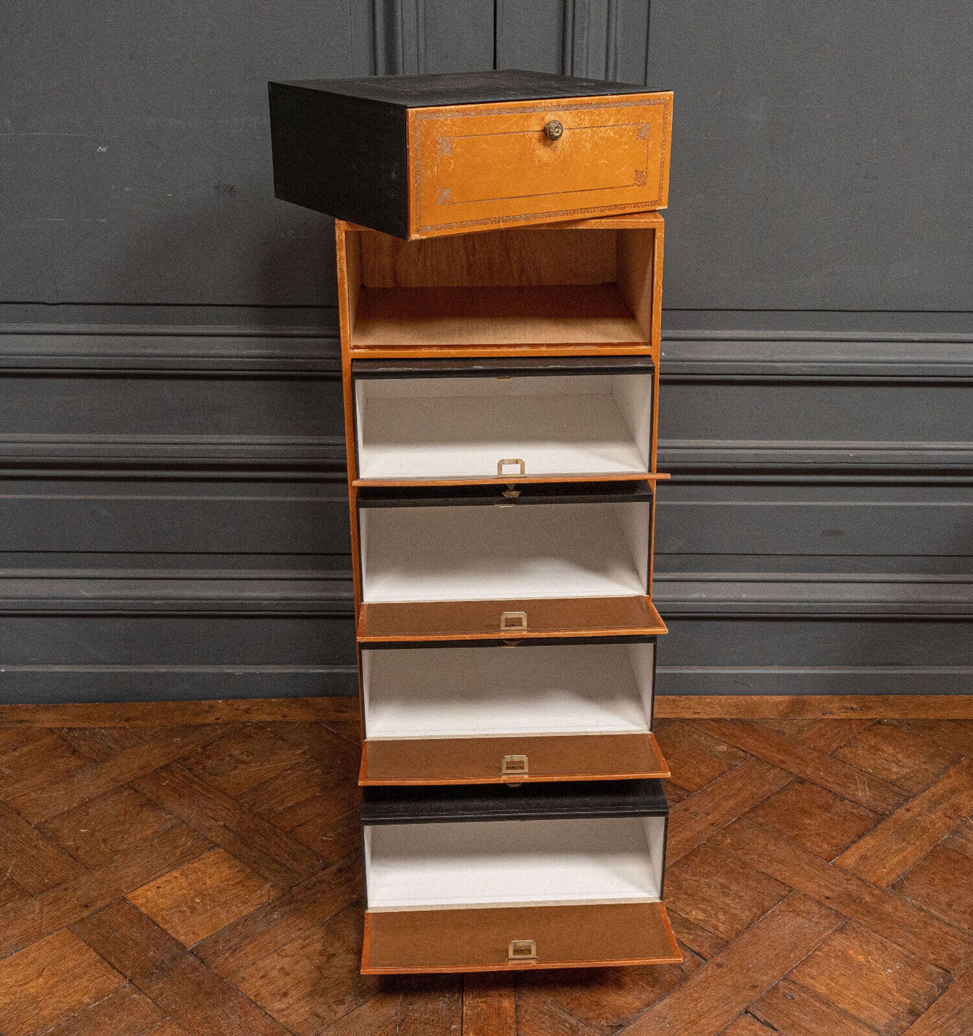 Furniture Cardboard chiffonnier leather patina fawn struck with iron 5 drawers