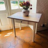 White rectangular and wood table