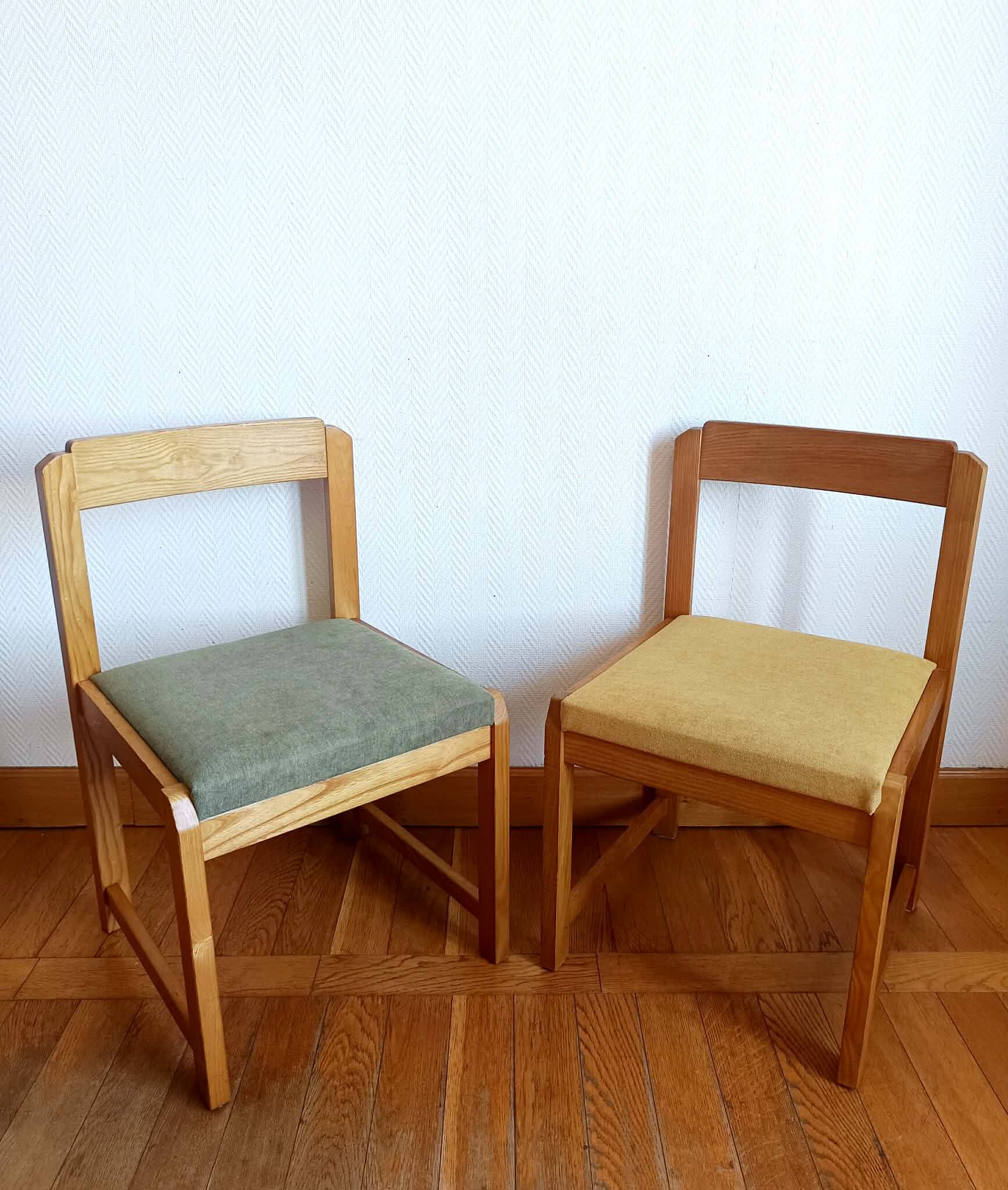 Six Scandinavian style chairs in elm and fabric.