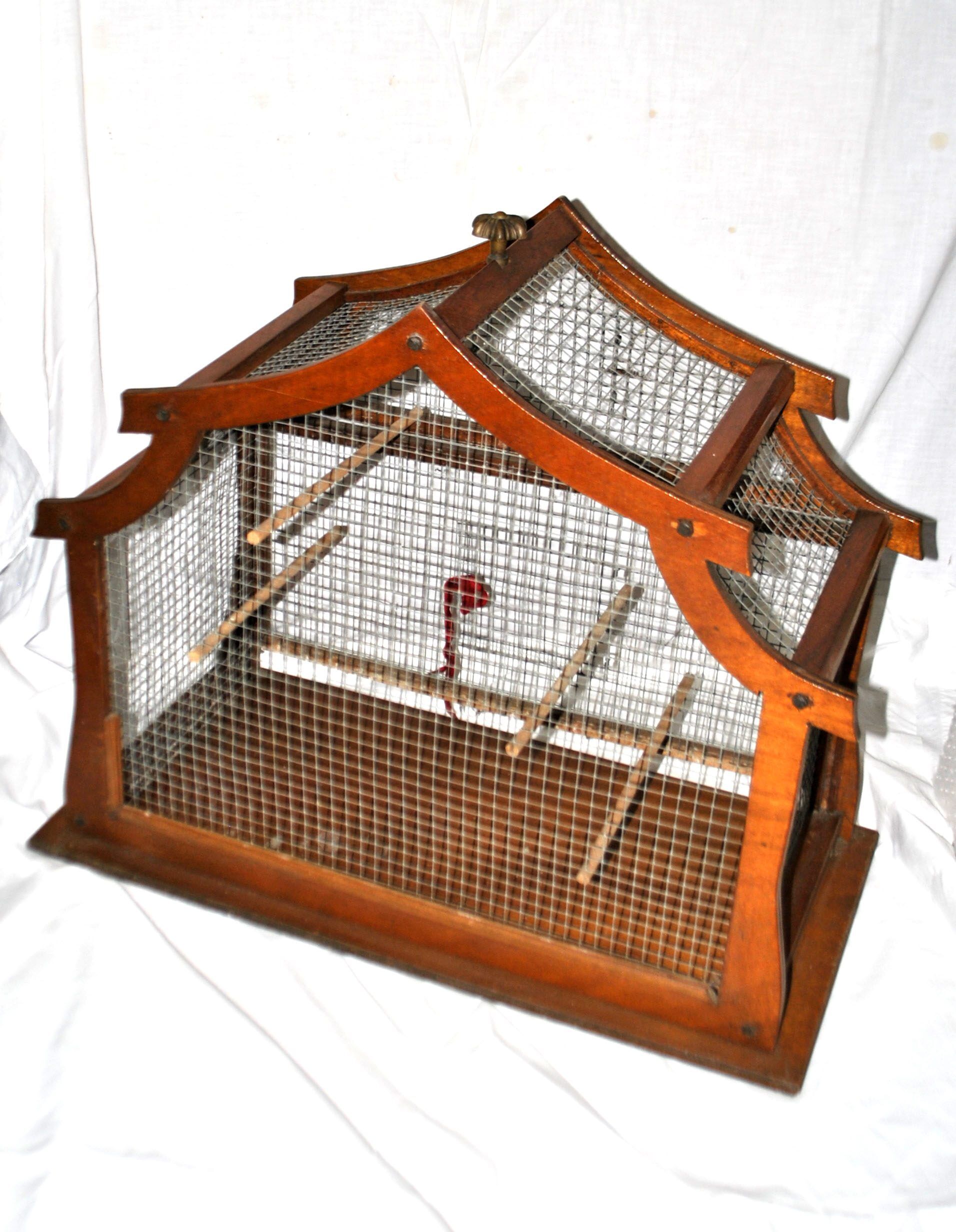Large vintage wooden birdcage with metal mesh - Handmade 1960s
