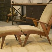 Scandinavian armchair and two 1960s ottomans.