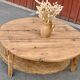 Round coffee table with 1 drawer, antique, made of raw solid wood.