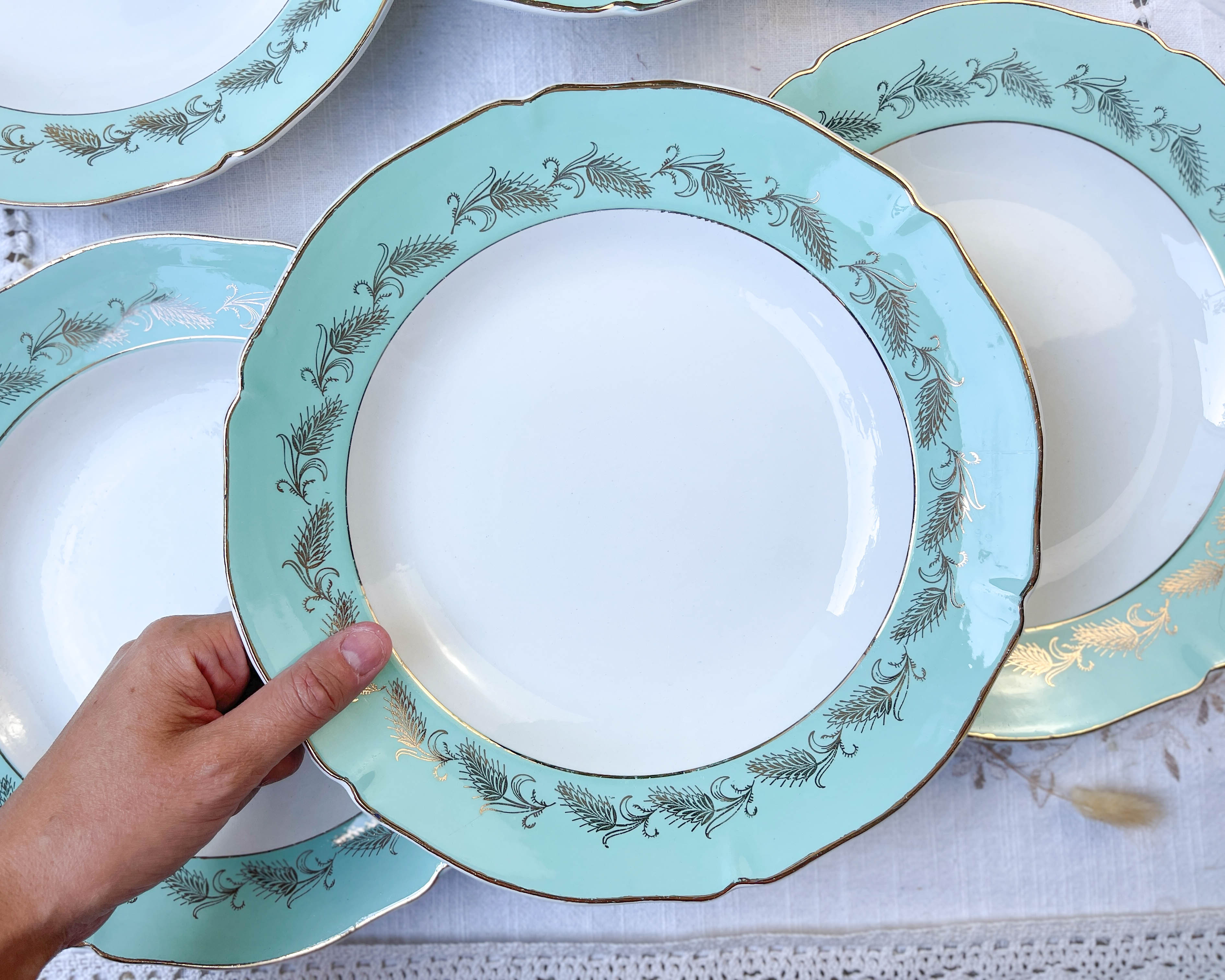 6 assiettes creuses st amand céranord modèle picardie en faïence blanche verte dorée