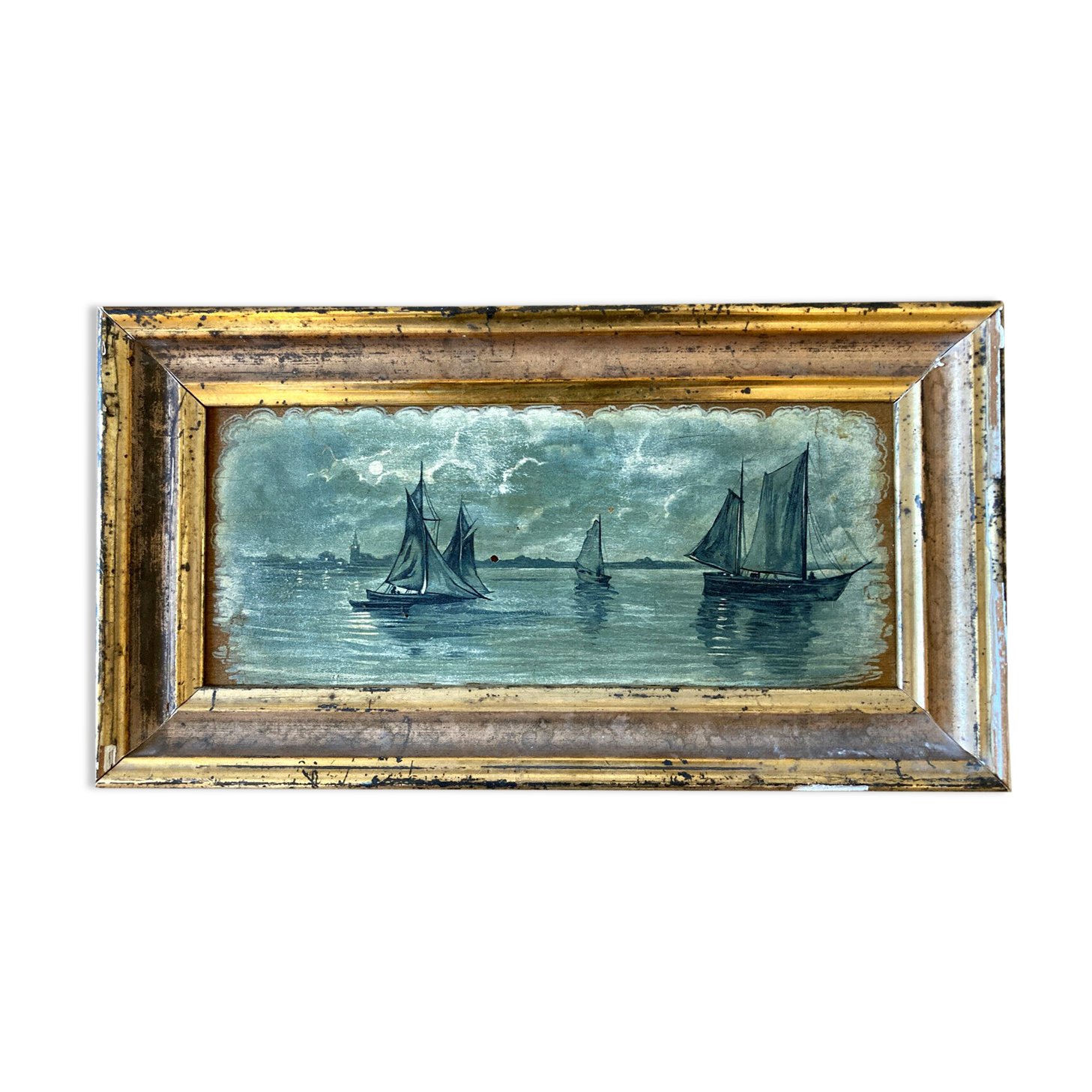 Tabeau ancien - marine - cadre bois doré