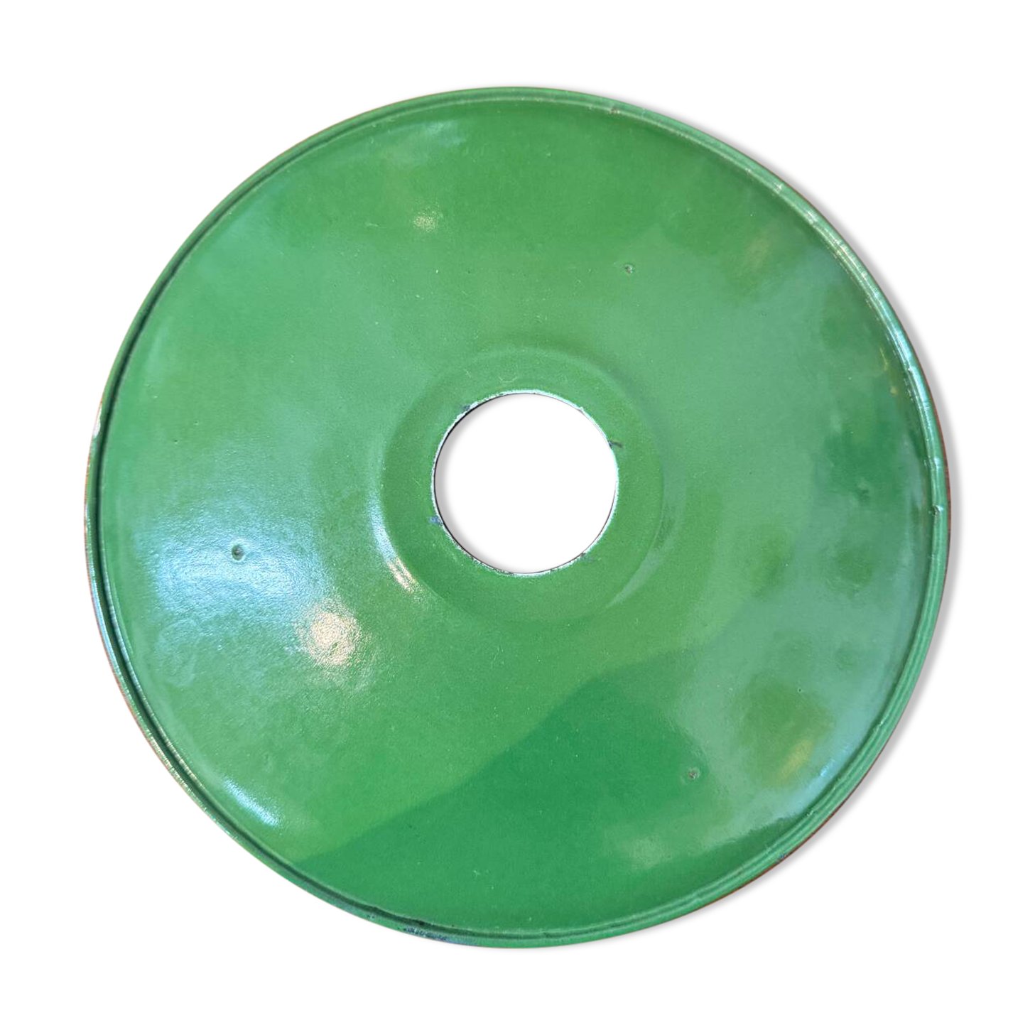 Old industrial workshop lampshade in green enamelled sheet metal.