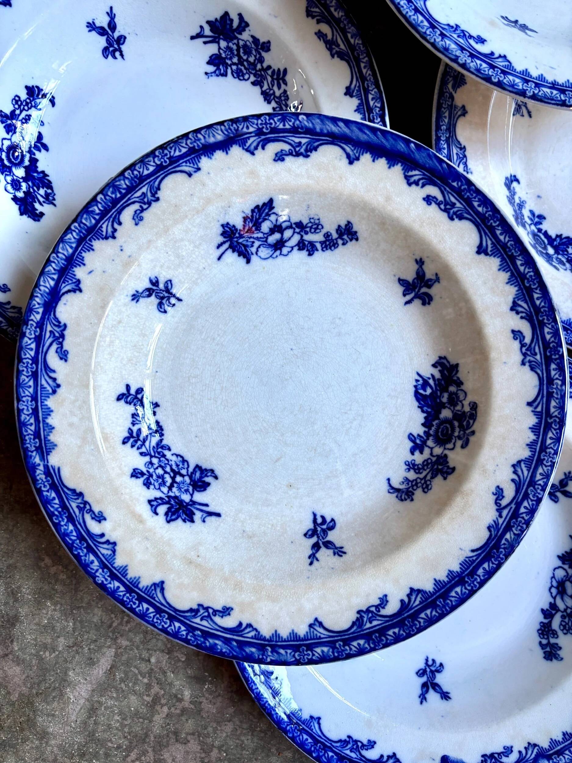 6 Staffordshire blue ironstone soup plates
