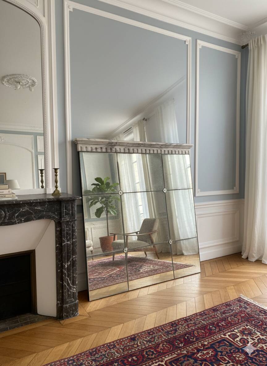 Large industrial-style mirror with glazing bars.