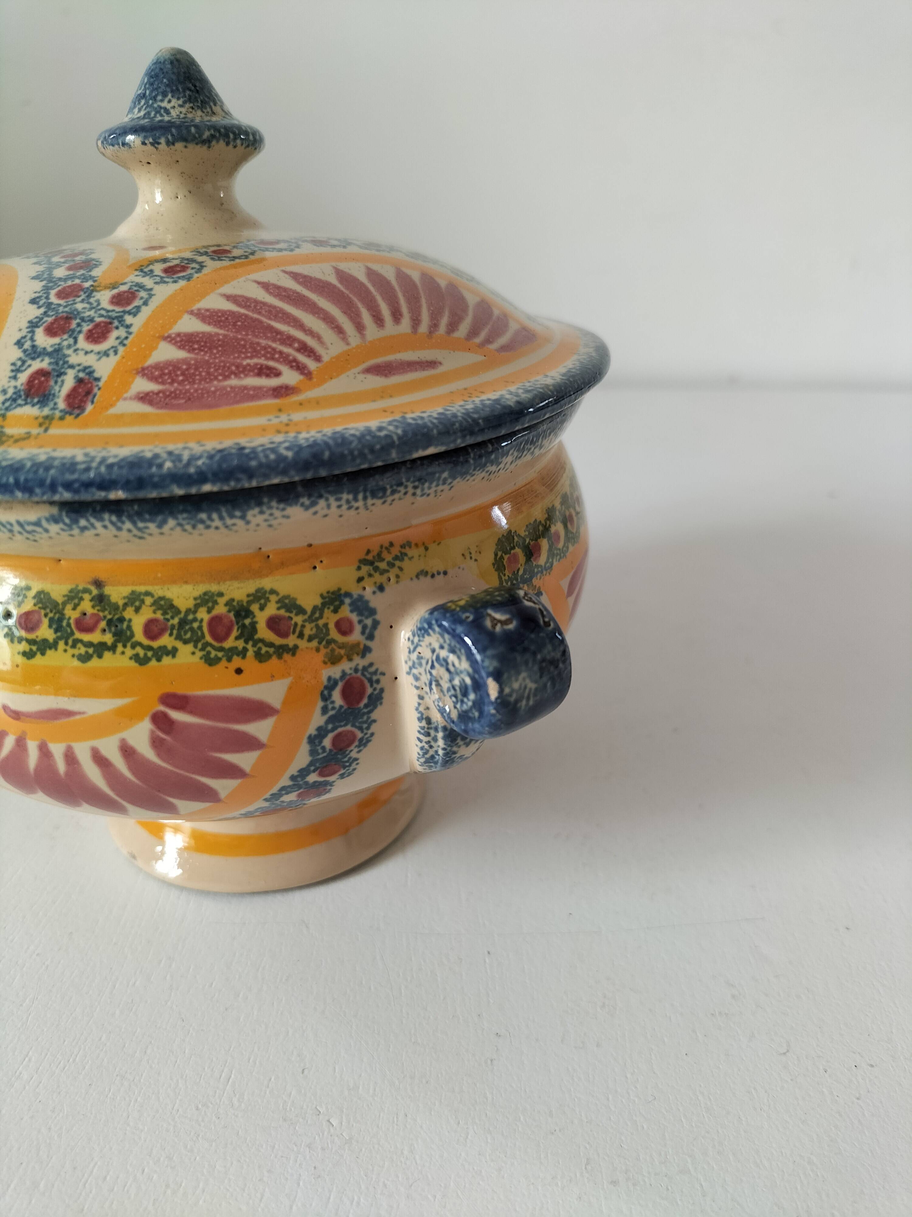 Rare old Quimper candy box decorated with pink basket and Breton portrait