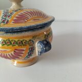 Rare old Quimper candy box decorated with pink basket and Breton portrait