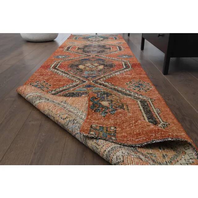 1970s vintage Turkish Oushak handmade wool cotton orange runner rug 80x320