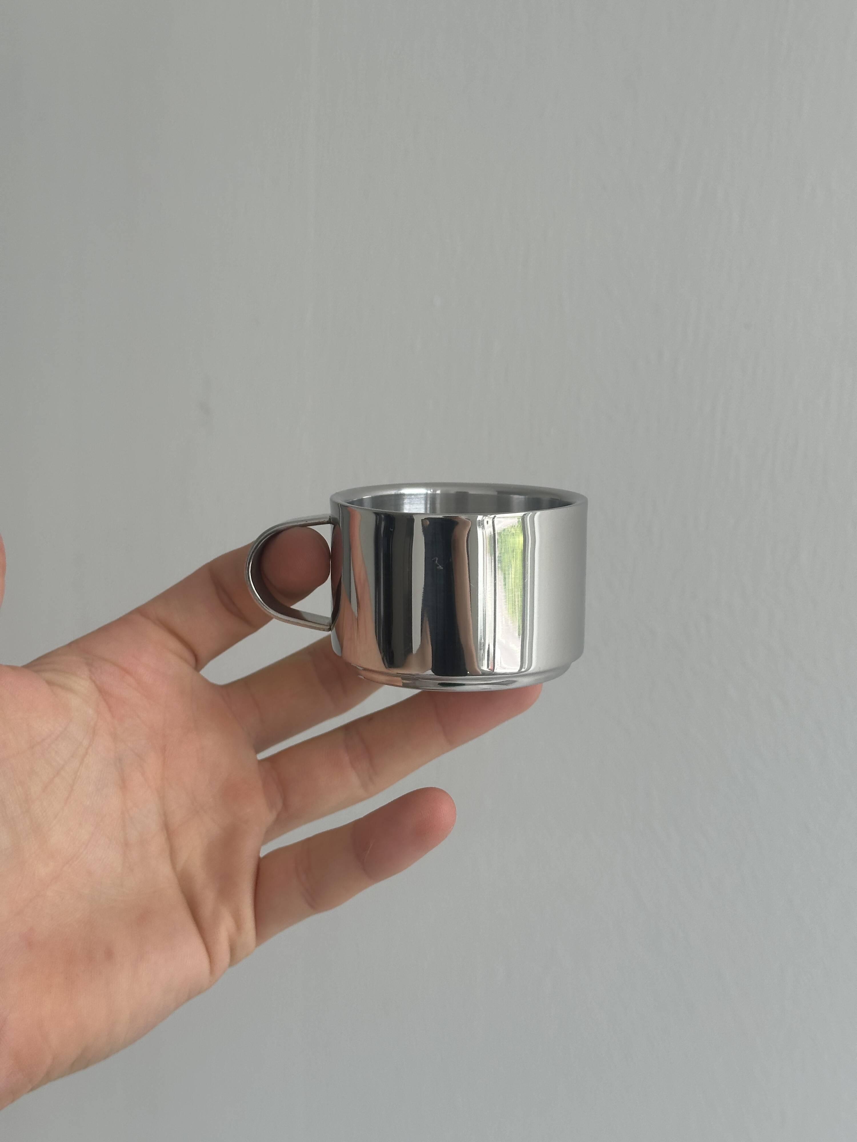 2 stainless steel espresso cups with tray and spoon