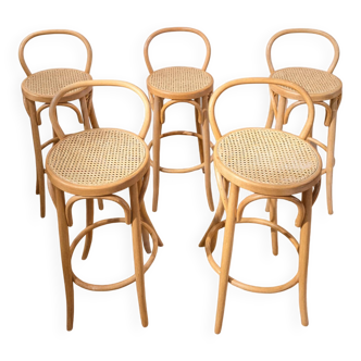 Set di 5 Sgabelli Thonet Style in Legno Curvato e Paglia di Vienna '70