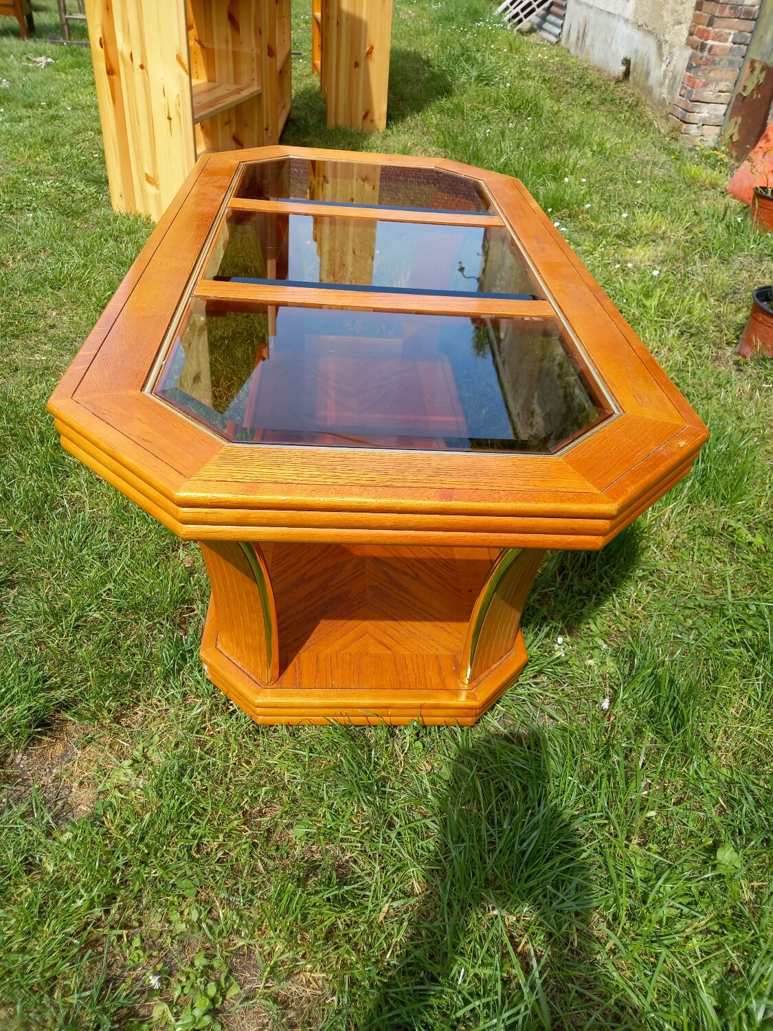 Vintage glass and wood coffee table