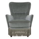 Fauteuil danois des années 1970, état d'origine, tissu d'ameublement velours, pieds en hêtre.