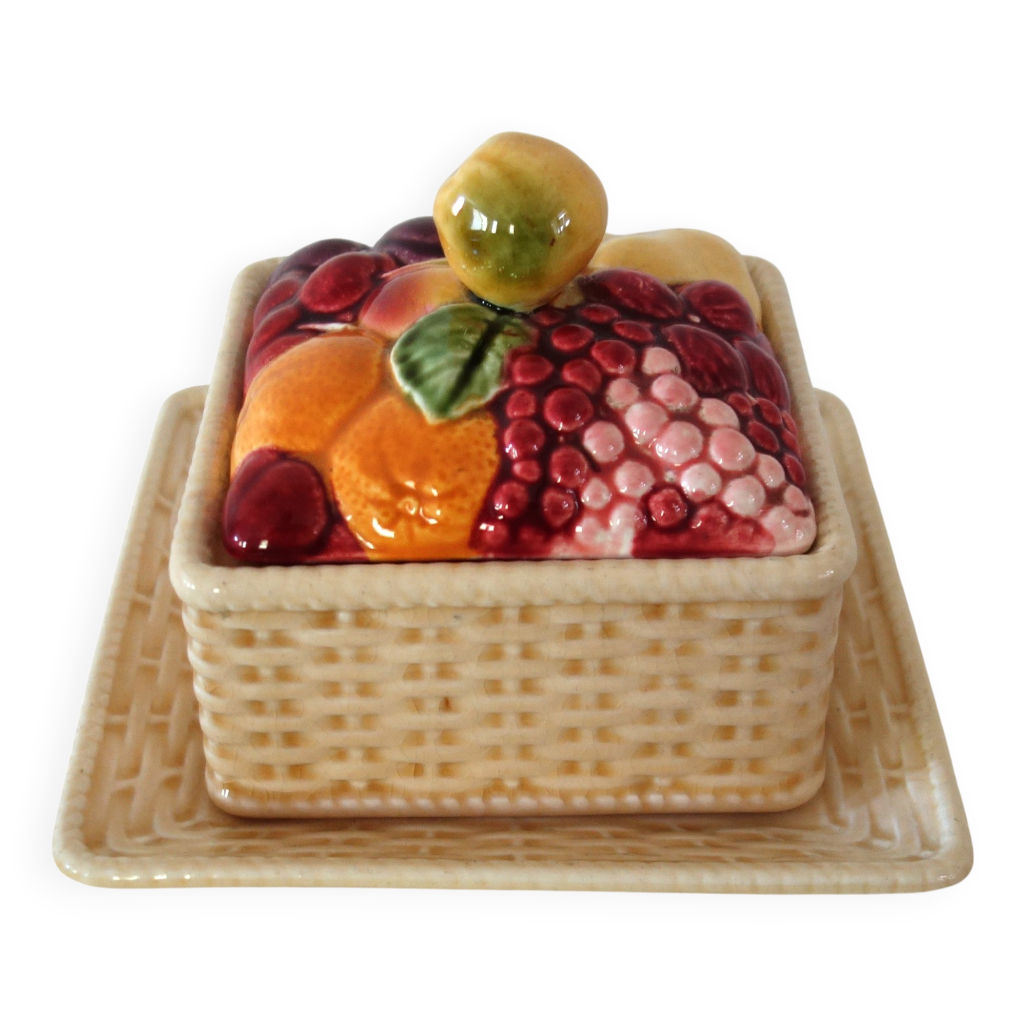 Old sweet jar / fruit basket, square shape, in Sarreguemines ceramic.