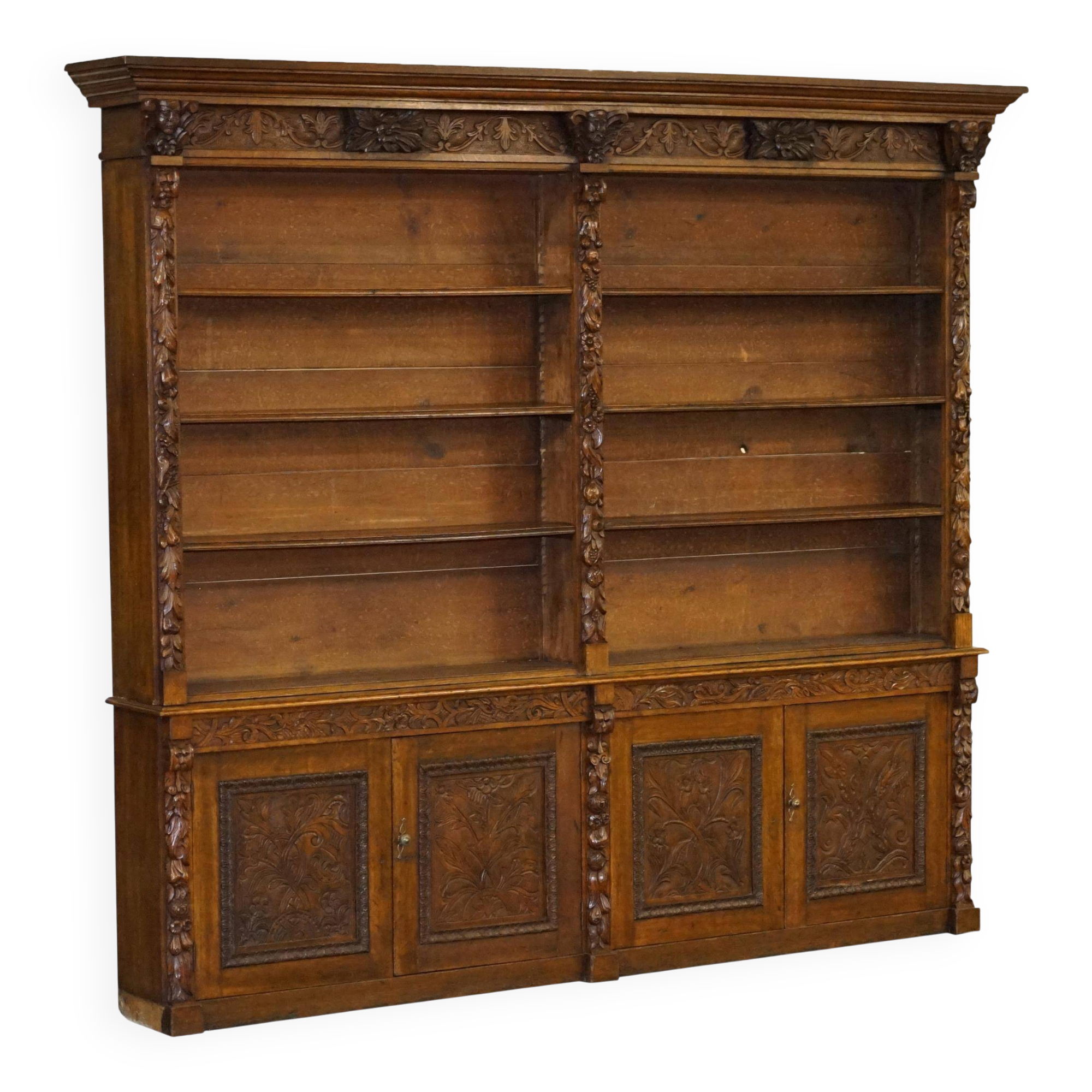 Large Victorian oak carved angular library