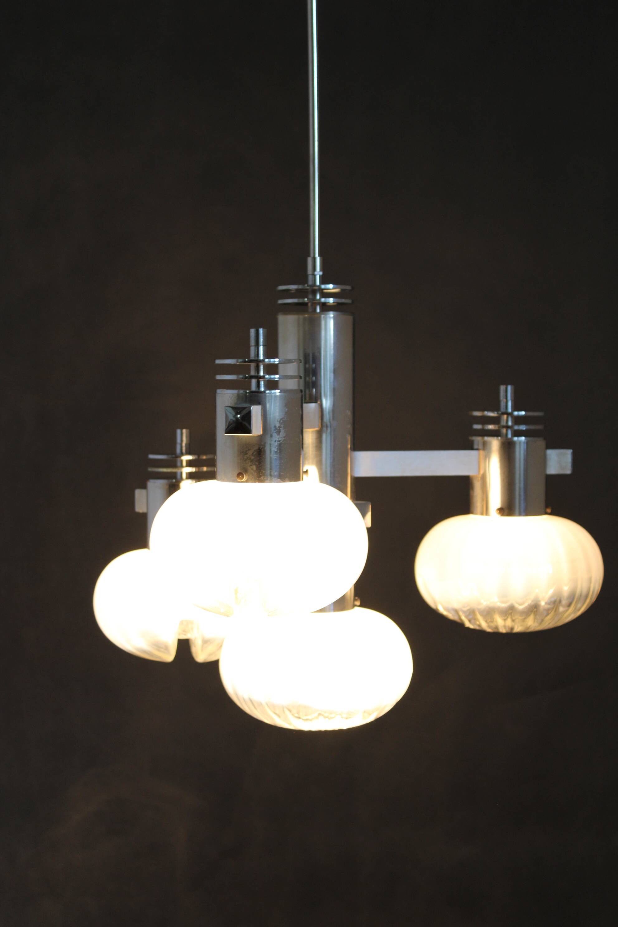 1970s Chrome Plated Chandelier with Murano Glass , Italy