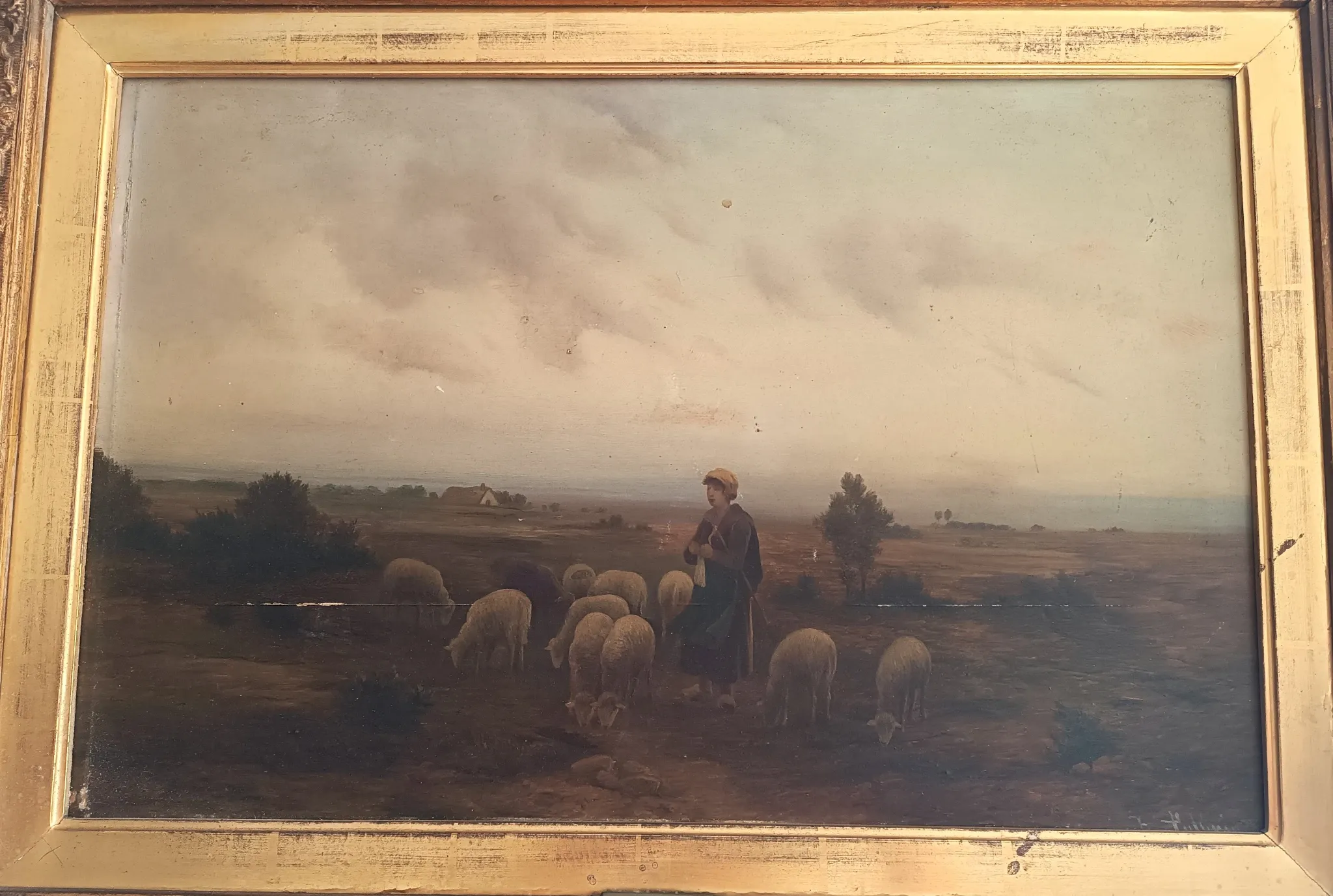 Hermann solbrig (1853-1942) oil painting on panel shepherdess and her flock