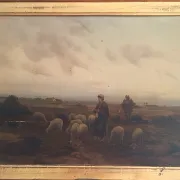 Hermann solbrig (1853-1942) oil painting on panel shepherdess and her flock