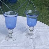 Two large wine glasses in blown and bubbled glass, duo line, vintage