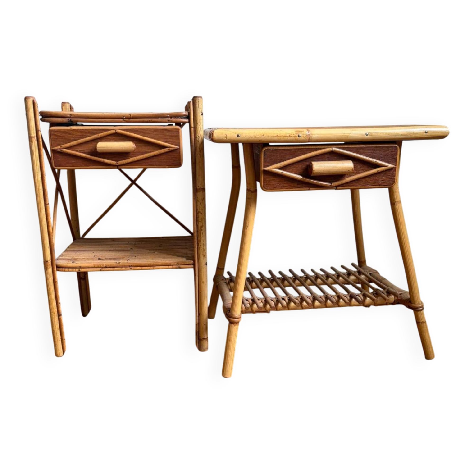 Rattan bedside tables in the style of Audoux Minet.