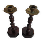 Pair of candlesticks in wood and brass of the years 50
