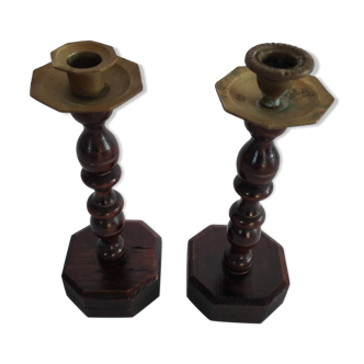 Pair of candlesticks in wood and brass of the years 50