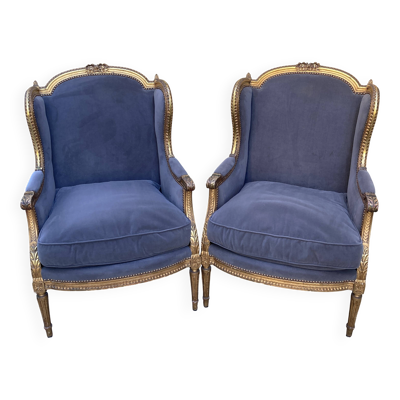 Duo de fauteuils anciens  à oreilles - style Louis XVI - A. Bastet
