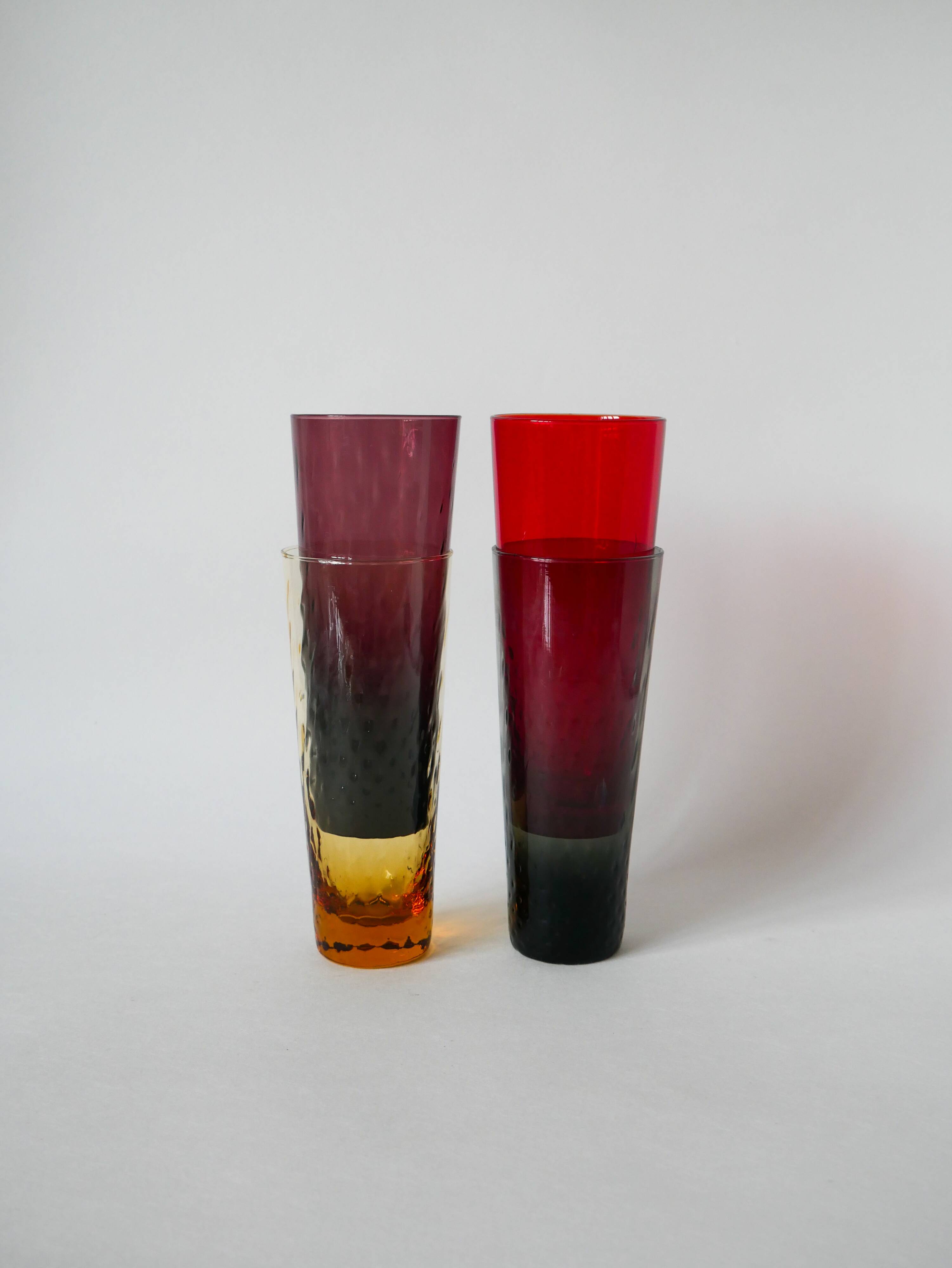 lot de 4 verres Long Drink colorés et texturés Design 1970