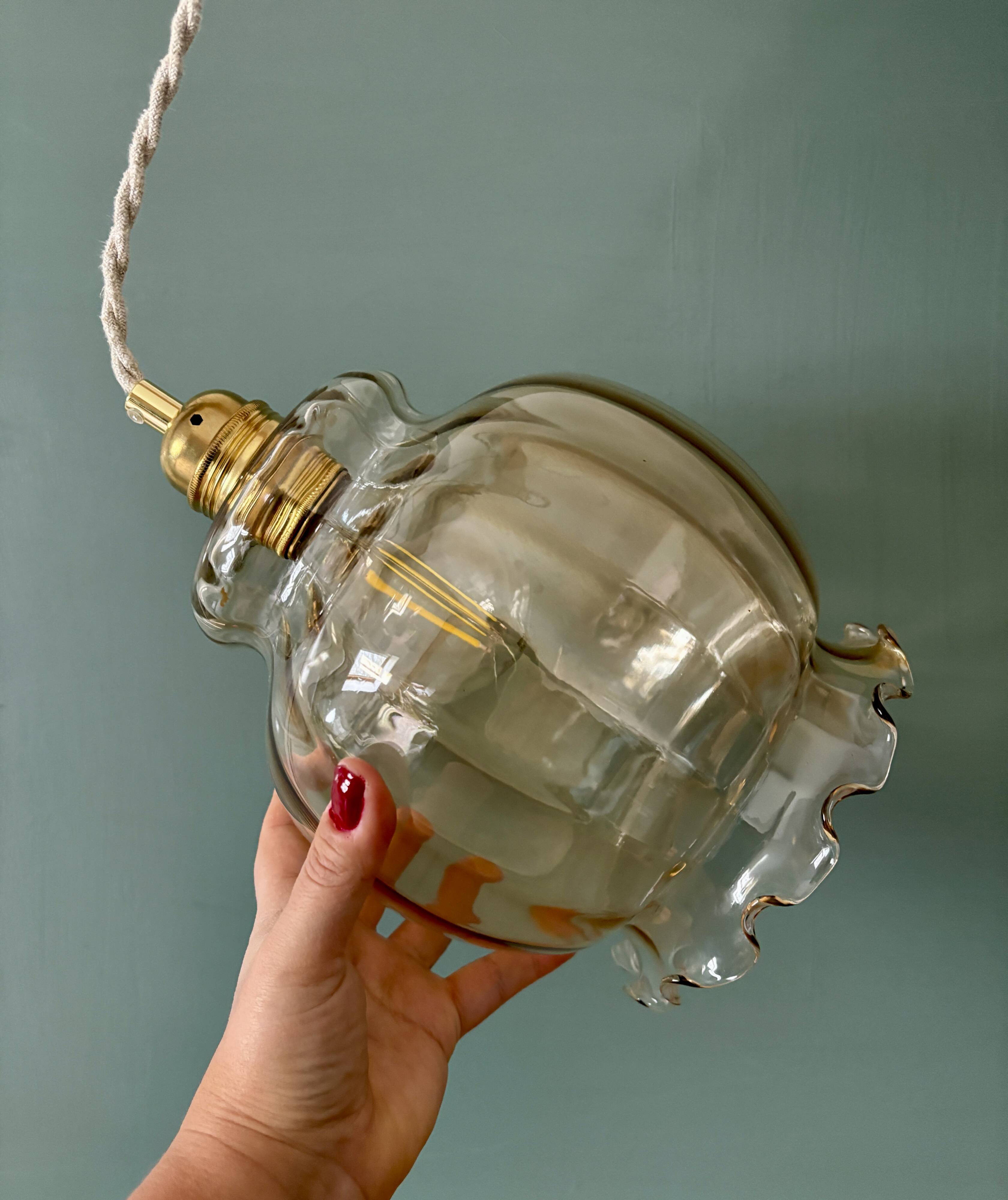 XL vintage globe pendant light in amber glass