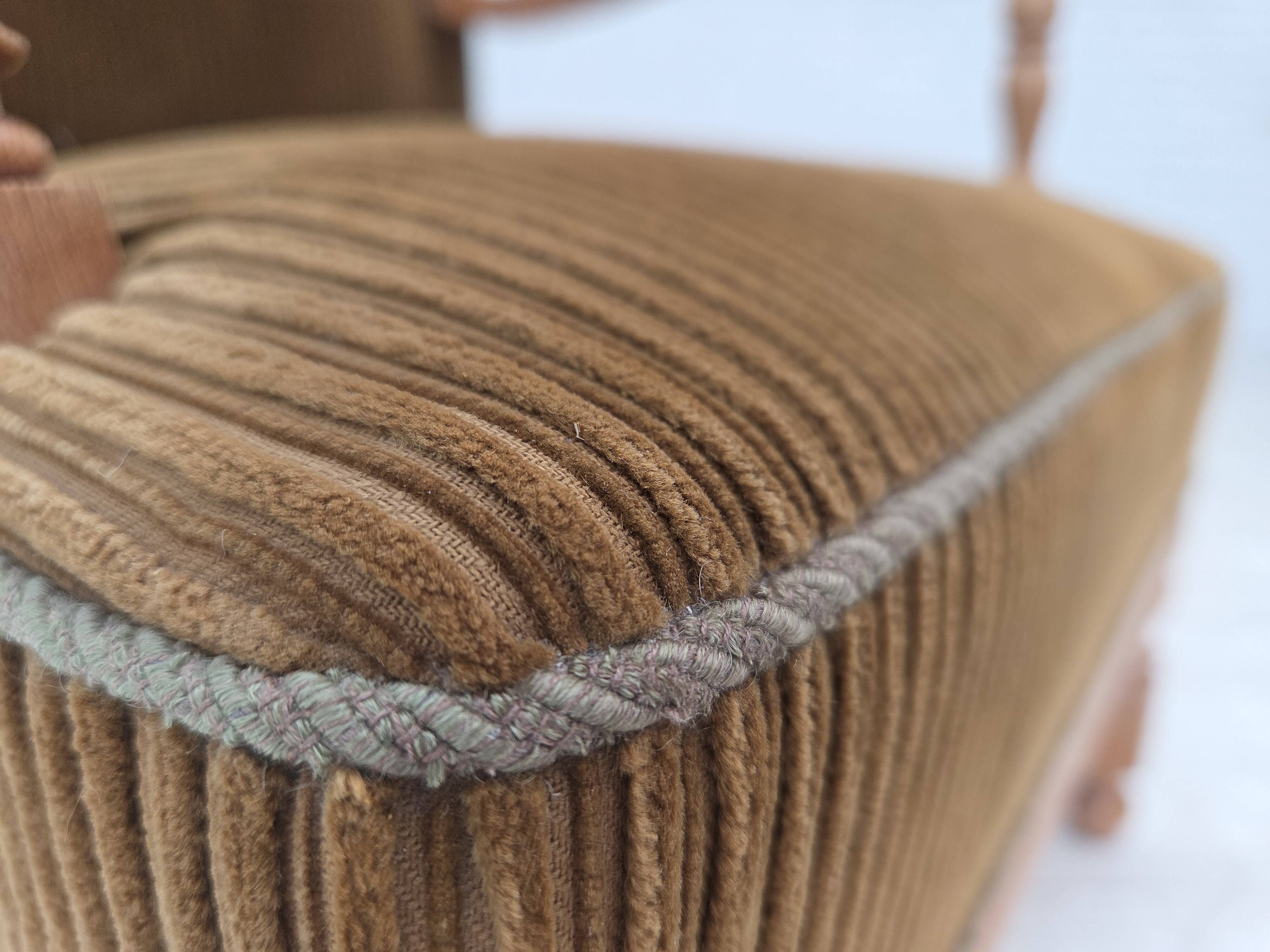 1970s, Scandinavian highback armchair, furniture corduroy, carved oak wood.