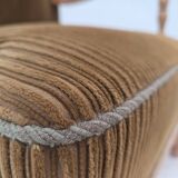 1970s, Scandinavian highback armchair, furniture corduroy, carved oak wood.