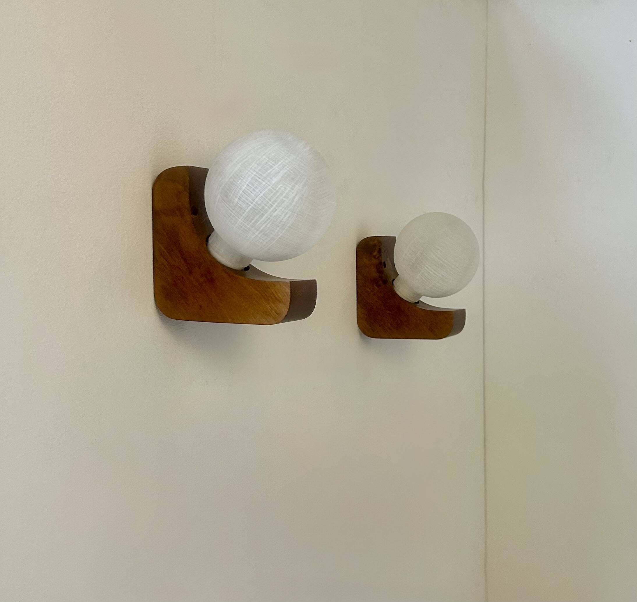 Pair of vintage wall lights, wood and opaline glass, France, 1970
