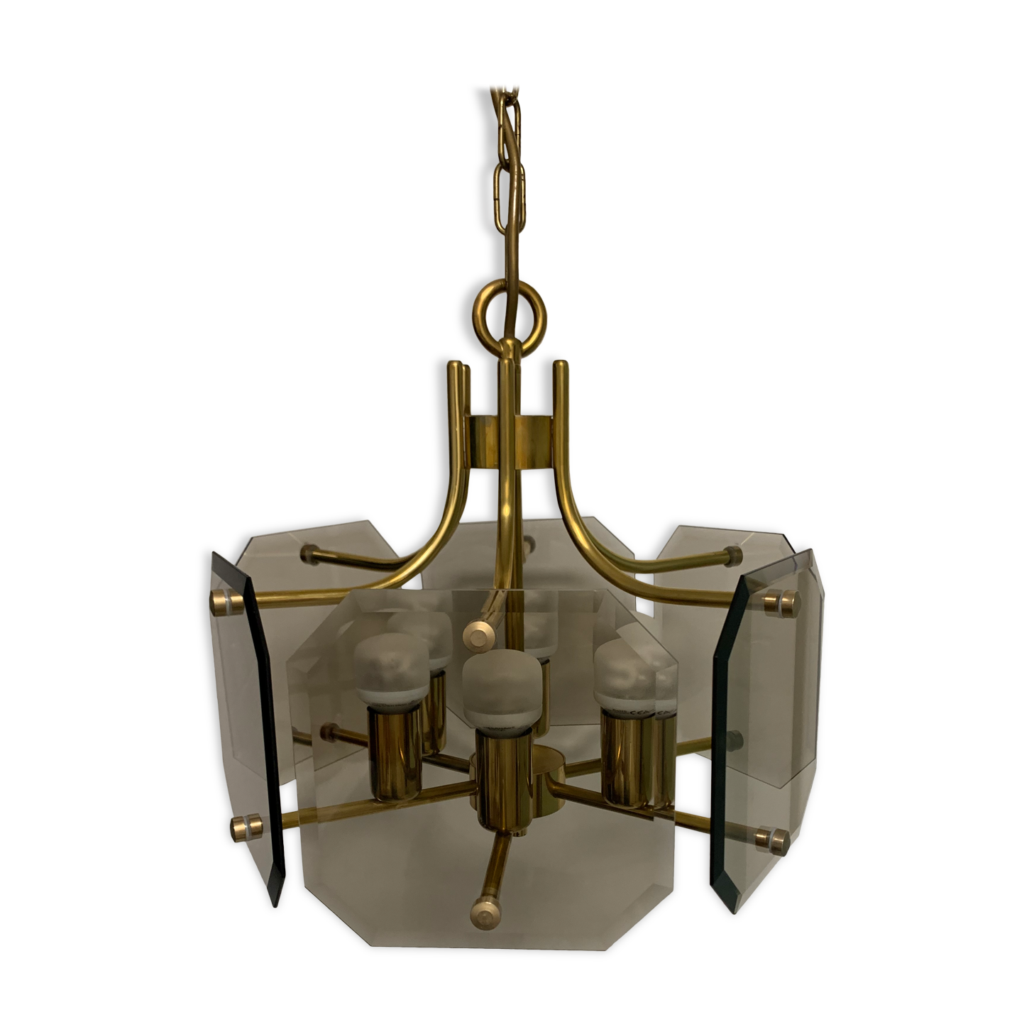 Luigi Colani chandelier Sische edition smoked glass and brass
