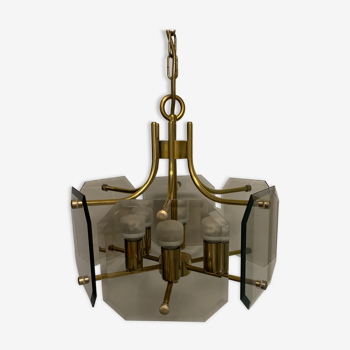 Luigi Colani chandelier Sische edition smoked glass and brass