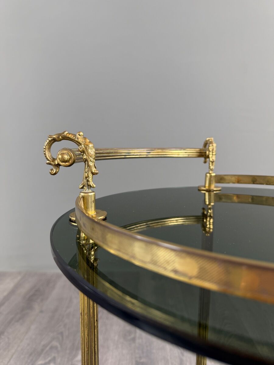 Rolling serving table in gold metal and smoked glass, 20th century